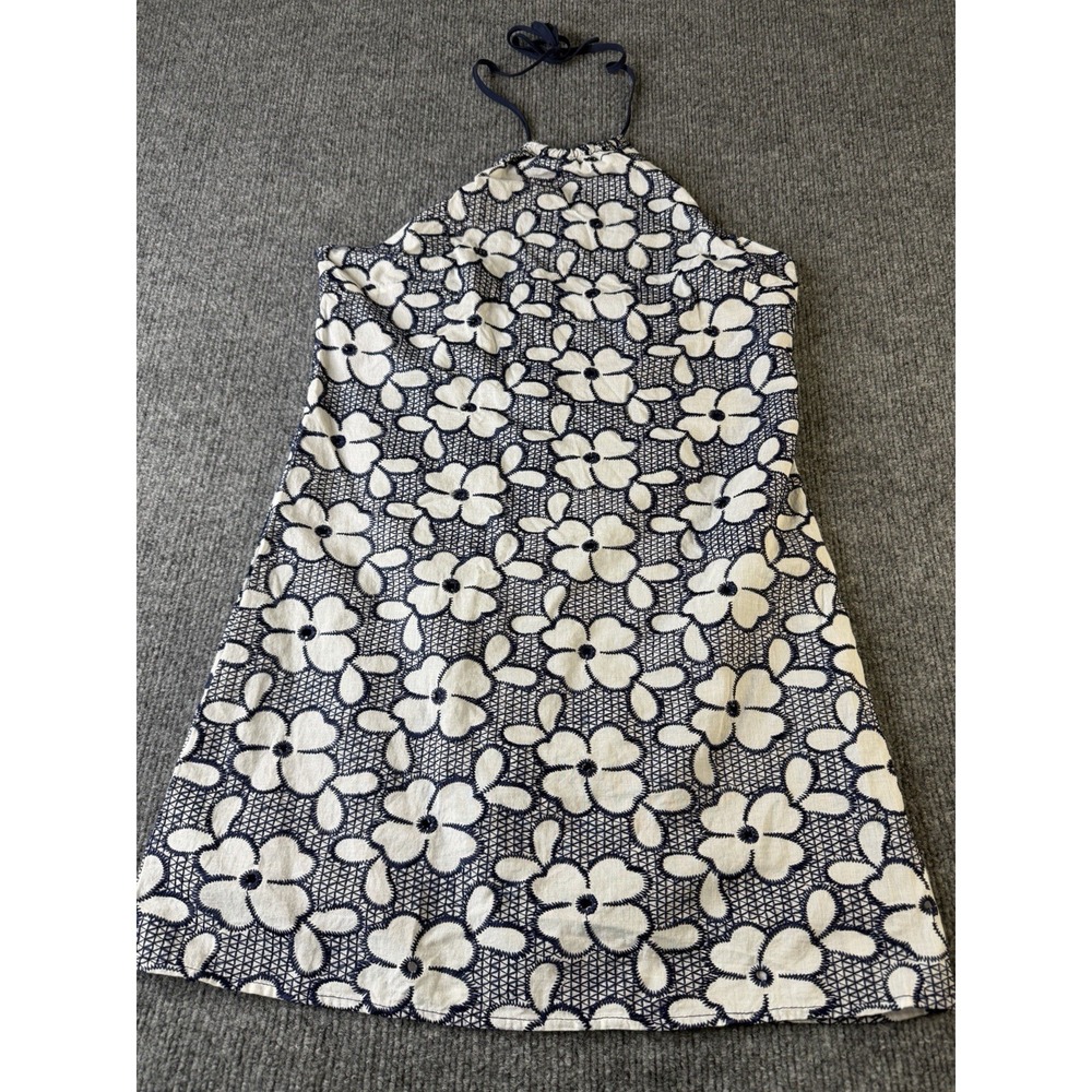 Pink Lily Floral Halter Dress Women's Small Blue White Embroidered Sleeveless